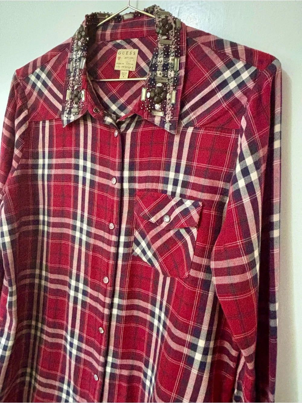 Guess| VTG Red Plaid Snap Down Rodeo Shirt w/Embellished Rhinestone Collar Sz M - Picture 3 of 7
